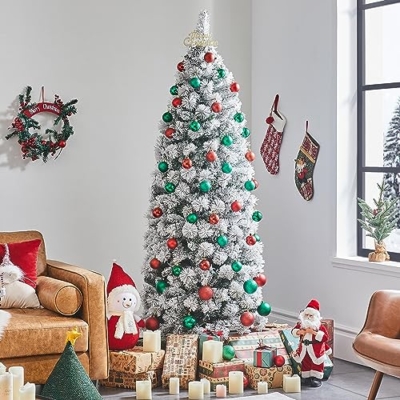 Product: Yaheetech 6ft Pre-lit Snow Flocked Christmas Tree, Premium Hinged Artificial Pine Tree w/ 250 Colorful LED Lights and 564 Branches Tips, Prelit Slim Pencil Christmas Tree w/Metal Stand White