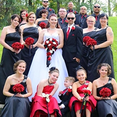 Silky Flower Store Artificial Wedding Cascade Bouquet, Black Red White Calla Lily Boutonniere, 10W x 20L 9 9 Product: Angel Isabella Artificial Wedding Cascade Bouquet Black Red White with Boutonniere