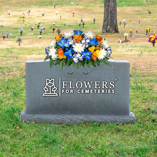 Product: Sympathy Silks 30" Headstone Flower Saddle - Blue Tiger Lily, Orange and Yellow Grave Flowers
