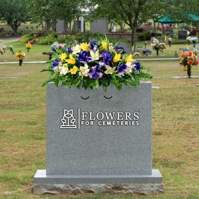 Product: Sympathy Silks Artificial Cemetery Flowers – Realistic Vibrant Tulips, Outdoor Grave Decorations - 30" Yellow Tulip Purple Iris White Orchid Saddle for Headstone
