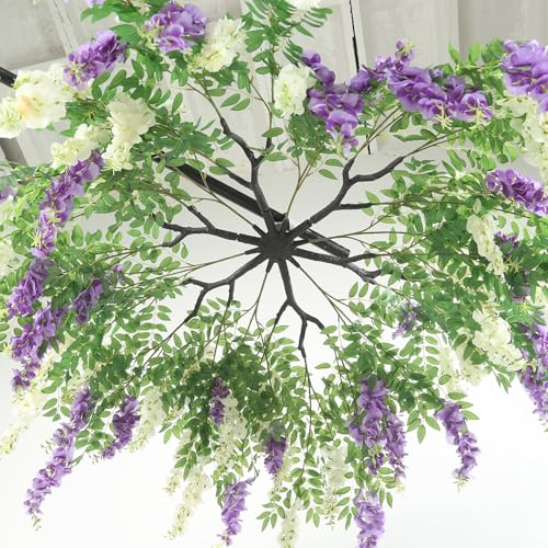 Silky Flower Store Artificial Silk Wisteria Vine Hanging Garland, Cream Purple Faux Floral Chandelier, 55cm 7 7 Product: Efavormart Cream Purple Artificial Silk Wisteria Vine Round Hanging Canopy, Draping Garland Flower Chandelier with Interchangeable Branches 55"