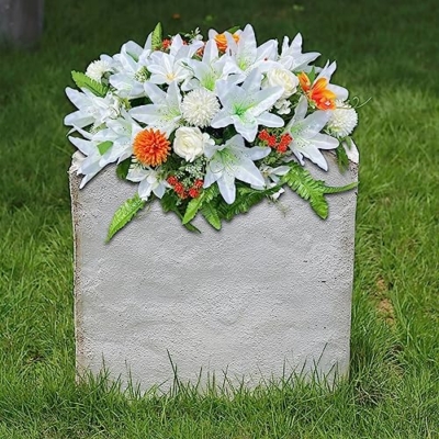 Silky Flower Store Artificial Cemetery Flower Saddle, White Lily Grave Marker Memorial Flowers, UV Resistant Headstone Arrangement 20.5cm 14 14 Product: Realistic White Lily GRPFS Headstone Flower Saddle - Silks Artificial Cemetery Flowers for Graves