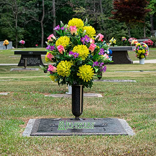 Product: Sympathy Silks Artificial Cemetery Flowers – Realistic Vibrant Roses, Outdoor Grave Decorations - Non-Bleed Colors, and Easy Fit - 1 Lime Mum and Lavender Rose Bouquet