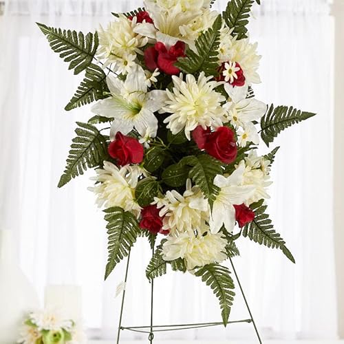 Silky Flower Store Red and Cream Silk Cemetery Flower Arrangement with Metal Easel, Faux Memorial Spray, 32in 4 4 Product: Premade Red and Cream Silk Flowers Cemetery Arrangement with Metal Easel for Graveside Memorial Day Decoration or Funeral Floral Spray for Mother, Father, Mom, Dad, Sister, Brother or Loved One