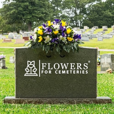 Product: Sympathy Silks Artificial Cemetery Flowers – Realistic Vibrant Tulips, Outdoor Grave Decorations - 30" Yellow Tulip Purple Iris White Orchid Saddle for Headstone