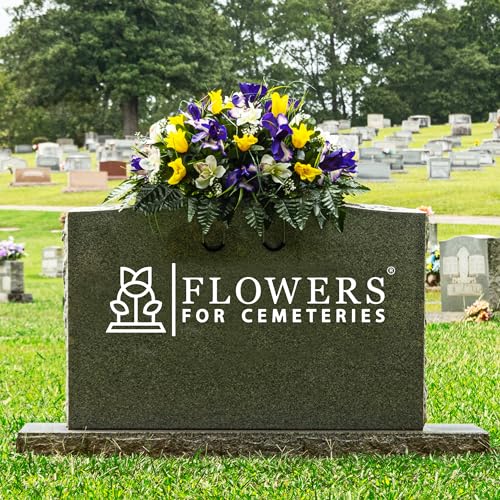 Product: Sympathy Silks Artificial Cemetery Flowers – Realistic Vibrant Tulips, Outdoor Grave Decorations - 30" Yellow Tulip Purple Iris White Orchid Saddle for Headstone