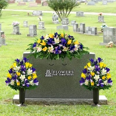 Product: Sympathy Silks Artificial Cemetery Flowers – Realistic Vibrant Tulips Outdoor Grave Decorations - 2 Yellow Tulip Purple Iris Bouquets and 1 Matching Saddle