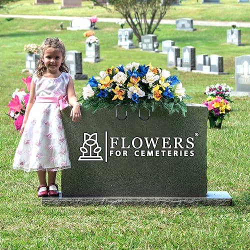Silky Flower Store Artificial Cemetery Flowers, Blue Tulip White Iris Headstone Saddle, Outdoor Grave Decoration, 30cm 5 5 Product: Sympathy Silks Artificial Cemetery Flowers – Realistic Vibrant Tulips, Outdoor Grave Decorations - 30" Blue Tulip White Iris Saddle for Headstone
