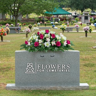 Product: Sympathy Silks Artificial Cemetery Flowers – Realistic Roses and Alstroemerias, Outdoor Grave Decorations -Pink White Rose Saddle