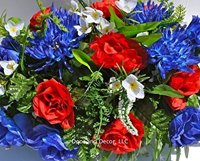 Product: Summer Patriotic Cemetery Flowers with Red Roses, Blue Spider Mums, Blue Roses, and White Forget-me-nots headstone saddle arrangement