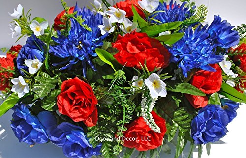Product: Summer Patriotic Cemetery Flowers with Red Roses, Blue Spider Mums, Blue Roses, and White Forget-me-nots headstone saddle arrangement