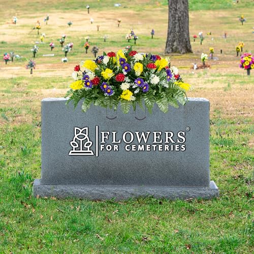 Product: Sympathy Silks Artificial Cemetery Flowers – Realistic Wildflower Outdoor Grave Decorations - Yellow Red Wildflower Saddle for Headstone
