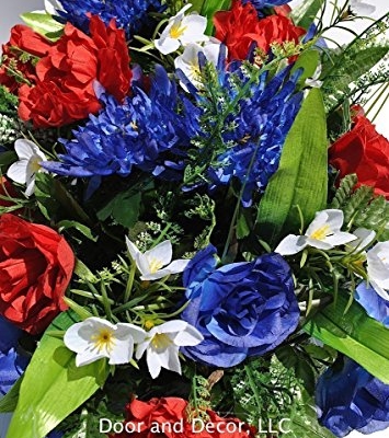 Product: Summer Patriotic Cemetery Flowers with Red Roses, Blue Spider Mums, Blue Roses, and White Forget-me-nots headstone saddle arrangement