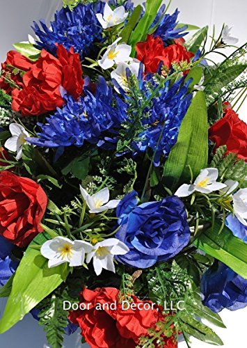 Product: Summer Patriotic Cemetery Flowers with Red Roses, Blue Spider Mums, Blue Roses, and White Forget-me-nots headstone saddle arrangement