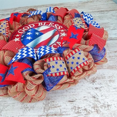 Silky Flower Store Fourth of July Wreath, God Bless America Door Wreath, Red White Blue Burlap, 24in Round 9 9 Product: God Bless America Door Wreath | Fourth of July Wreath | Red White Blue Burlap