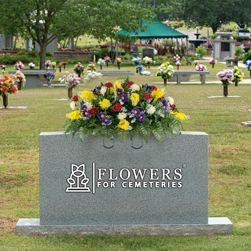 Product: Sympathy Silks Artificial Cemetery Flowers – Realistic Wildflower Outdoor Grave Decorations - Yellow Red Wildflower Saddle for Headstone