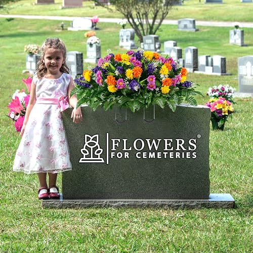 Product: Sympathy Silks Artificial Cemetery Flowers – Realistic Wildflower Outdoor Grave Decorations - Purple Violet Wildflower Saddle for Headstone