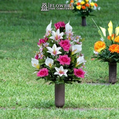 Silky Flower Store Cemetery Flowers Bouquet Pink Roses White Lily Calla Lilies, Artificial Grave Flowers, 36 Flowers, 20.5cm 14 14 Product: Pink Roses, White Lily & Calla Lilies - 36 Flowers in Bouquet - Sympathy Silks Flowers For Cemeteries - Cemetery Flowers for Grave - Mothers Day Spring Summer Arrangement