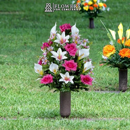 Silky Flower Store Cemetery Flowers Bouquet Pink Roses White Lily Calla Lilies, Artificial Grave Flowers, 36 Flowers, 20.5cm 5 5 Product: Pink Roses, White Lily & Calla Lilies - 36 Flowers in Bouquet - Sympathy Silks Flowers For Cemeteries - Cemetery Flowers for Grave - Mothers Day Spring Summer Arrangement