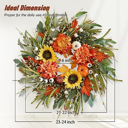 Silky Flower Store Autumn Wreath for Front Door, Sunflower Pumpkin Dahlia Fall Wreath, Artificial Outdoor Decor 24 Inch 2 2 Product: Soomeir 24 Inch Fall Wreaths for Front Door Outside, Sunflower Autumn Door Wreath with Pumpkin and Dahlias, Large Wreaths for Halloween Thanksgiving Farmhouse Indoor Outdoor Home Decor