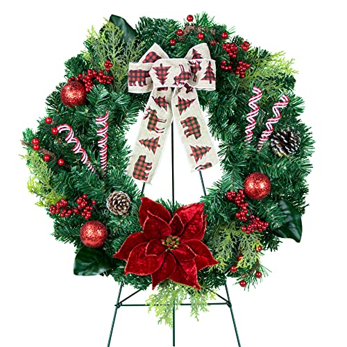 Product: Sympathy Silks Wreath Decoration - Winter Forest Wreath with Berries and Poinsettia - Artificial Christmas Wreath on 30 Inch Easel