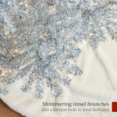 Product: Best Choice Products 6ft Prelit Tinsel Christmas Tree, Artificial Seasonal Holiday Decoration w/ 1,000 Branch Tips, Stand - Silver