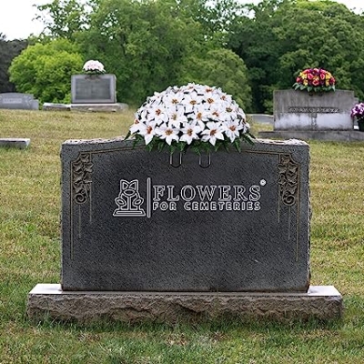 Product: Sympathy Silks Artificial Cemetery Flowers - Grave Decoration - Memorial Flowers - 30" White Poinsettia Saddle for Headstone