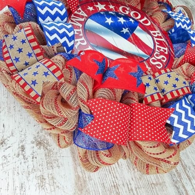Silky Flower Store Fourth of July Wreath, God Bless America Door Wreath, Red White Blue Burlap, 24in Round 13 13 Product: God Bless America Door Wreath | Fourth of July Wreath | Red White Blue Burlap