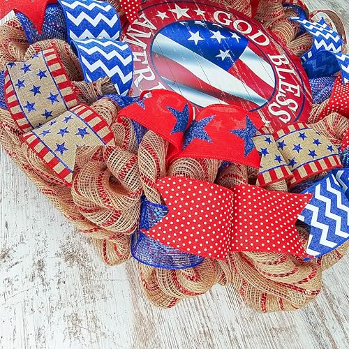 Silky Flower Store Fourth of July Wreath, God Bless America Door Wreath, Red White Blue Burlap, 24in Round 6 6 Product: God Bless America Door Wreath | Fourth of July Wreath | Red White Blue Burlap