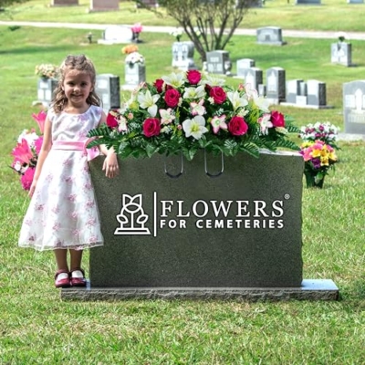 Product: Sympathy Silks Artificial Cemetery Flowers – Realistic Roses and Alstroemerias, Outdoor Grave Decorations -Pink White Rose Saddle