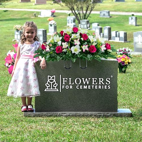 Product: Sympathy Silks Artificial Cemetery Flowers – Realistic Roses and Alstroemerias, Outdoor Grave Decorations -Pink White Rose Saddle