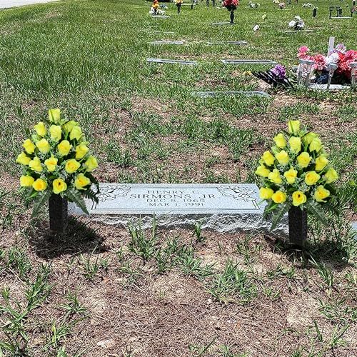 Product: Set of 2 Artificial Grave Memorial Flowers Cemetery Flowers Rose Bouquet with Vase for Cemetery Graveyard Headstones Decoration (Yellow-24H)