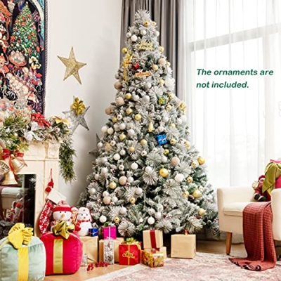 Product: Stunning Goplus 8ft Snow Flocked Christmas Tree - Artificial Hinged Pine with 1424 Glitter Branches & Pine Cones