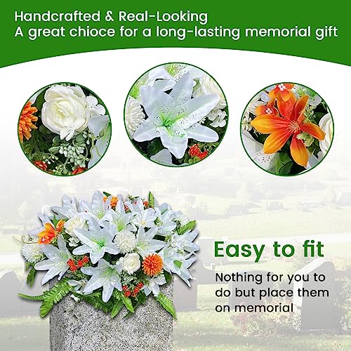 Silky Flower Store Artificial Cemetery Flower Saddle, White Lily Grave Marker Memorial Flowers, UV Resistant Headstone Arrangement 20.5cm 7 7 Product: Realistic White Lily GRPFS Headstone Flower Saddle - Silks Artificial Cemetery Flowers for Graves