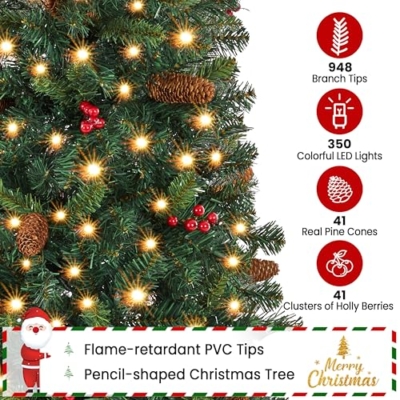 Silky Flower Store Pre Lit Slim Pencil Spruce Christmas Tree, Warm White Lights, Pine Cones, Metal Base, 7.5ft 12 12 Product: Yaheetech 7.5ft Pre-lit Pencil Spruce Christmas Tree, Artificial Slim Xmas Fir, Pre-Decorated for Home, Office, Party, Holiday Decor W/ 948 Tips, 350 Lights, Pine Cones, Metal Hinges & Base, Green