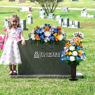Silky Flower Store Sympathy Silks Artificial Cemetery Flowers, Blue Tiger Lily Purple Hydrangea Orange Alstroemeria, Headstone Saddle Bouquet, 32.5cm 11 11 Product: Sympathy Silks Artificial Cemetery Flowers - graveside Flowers - Blue Tiger Lily, Purple Hydrangea, Orange Alstroemeria - (1) Headstone Flower Saddle & (1) Matching Bouquet