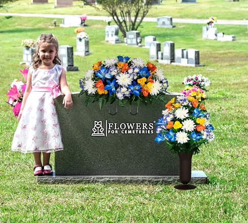 Silky Flower Store Sympathy Silks Artificial Cemetery Flowers, Blue Tiger Lily Purple Hydrangea Orange Alstroemeria, Headstone Saddle Bouquet, 32.5cm 3 3 Product: Sympathy Silks Artificial Cemetery Flowers - graveside Flowers - Blue Tiger Lily, Purple Hydrangea, Orange Alstroemeria - (1) Headstone Flower Saddle & (1) Matching Bouquet