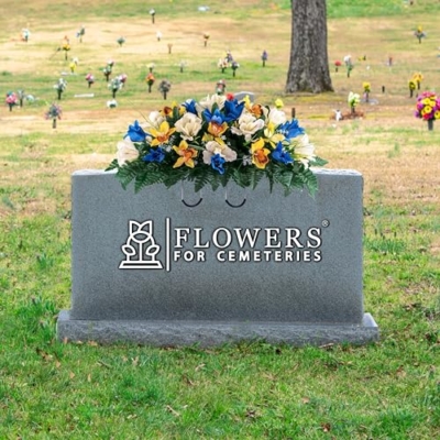 Silky Flower Store Artificial Cemetery Flowers, Blue Tulip White Iris Headstone Saddle, Outdoor Grave Decoration, 30cm 15 15 Product: Sympathy Silks Artificial Cemetery Flowers – Realistic Vibrant Tulips, Outdoor Grave Decorations - 30" Blue Tulip White Iris Saddle for Headstone