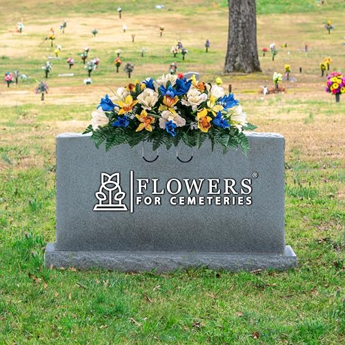Silky Flower Store Artificial Cemetery Flowers, Blue Tulip White Iris Headstone Saddle, Outdoor Grave Decoration, 30cm 6 6 Product: Sympathy Silks Artificial Cemetery Flowers – Realistic Vibrant Tulips, Outdoor Grave Decorations - 30" Blue Tulip White Iris Saddle for Headstone