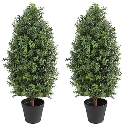 Product: 30" Tall Artificial Boxwood Topiary, 2 Pcs Outdoor Ready Artificial Boxwood Topiaries Trees, Natural Looking Fake Potted Shrubs