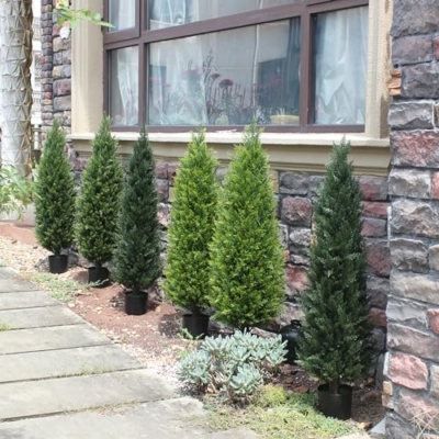 Product: 4FT Artificial Cedar Topiary Trees UV Resistant Potted Plant Set of 2 Faux Pine Trees Fake Shrubs Artificial Plants for Front Porch Garden Indoor Outdoor