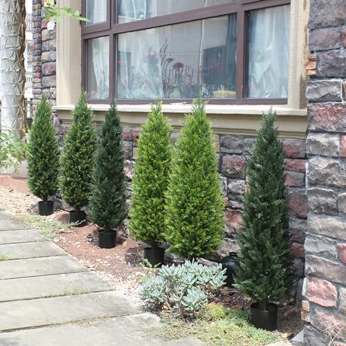 Product: 4FT Artificial Cedar Topiary Trees UV Resistant Potted Plant Set of 2 Faux Pine Trees Fake Shrubs Artificial Plants for Front Porch Garden Indoor Outdoor