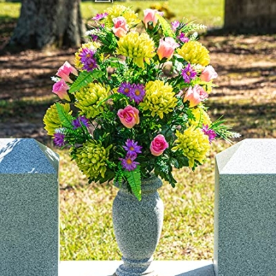 Product: Sympathy Silks Artificial Cemetery Flowers – Realistic Vibrant Roses, Outdoor Grave Decorations - Non-Bleed Colors, and Easy Fit - 1 Lime Mum and Lavender Rose Bouquet