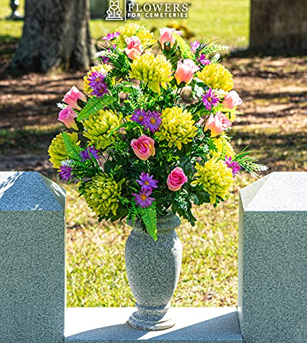 Product: Sympathy Silks Artificial Cemetery Flowers – Realistic Vibrant Roses, Outdoor Grave Decorations - Non-Bleed Colors, and Easy Fit - 1 Lime Mum and Lavender Rose Bouquet