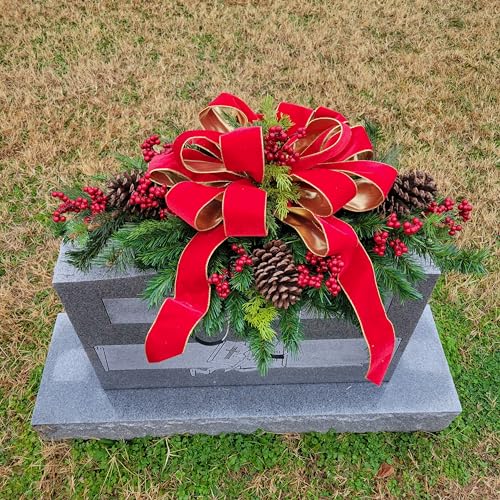 Product: Headstone Saddle with Red Berries, Pinecones, and Red Velvet Ribbon - Christmas Memorial Decoration - Artificial Grave Flowers