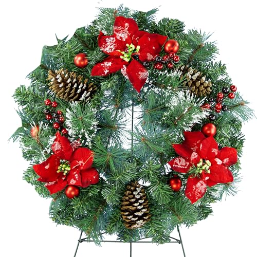 Product: Christmas Wreath - Outdoor Christmas Decoration - 24 inch Wreath with Frosted Red Poinsettia and Red Ornaments on 30 Inch Easel