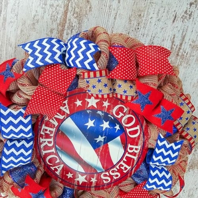 Silky Flower Store Fourth of July Wreath, God Bless America Door Wreath, Red White Blue Burlap, 24in Round 10 10 Product: God Bless America Door Wreath | Fourth of July Wreath | Red White Blue Burlap