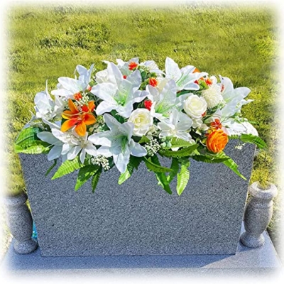 Product: Realistic White Lily GRPFS Headstone Flower Saddle - Silks Artificial Cemetery Flowers for Graves