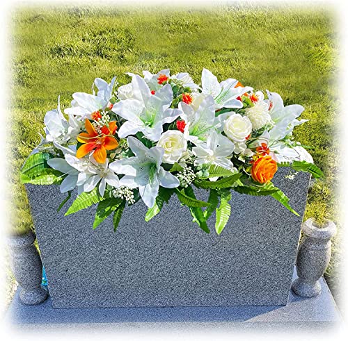 Realistic White Lily GRPFS Headstone Flower Saddle - Silks Artificial Cemetery Flowers for Graves - Artificial Flower Arrangements Product: Realistic White Lily GRPFS Headstone Flower Saddle - Silks Artificial Cemetery Flowers for Graves