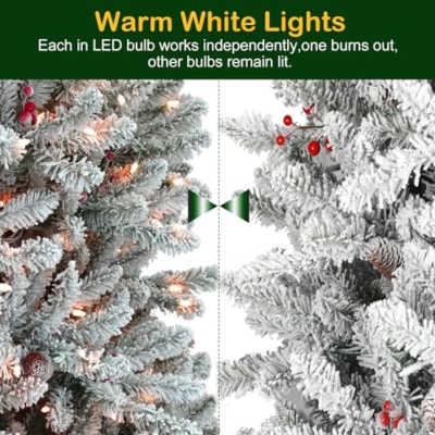 Product: Hykolity 6.5 ft Snow Flocked Prelit Christmas Tree, Artificial Christmas Tree with Pine Cones and Berries, 1854 PVC Branch Tips, 650 Warm White LED Lights, Metal Stand and Hinged Branches